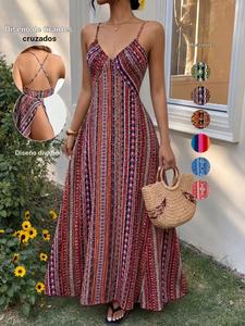 Vestido camisola de patrón étnico para mujer, con espalda cruzada y sin espalda, moda boho con tirantes espagueti, vestido largo para playa, ropa de verano para damas