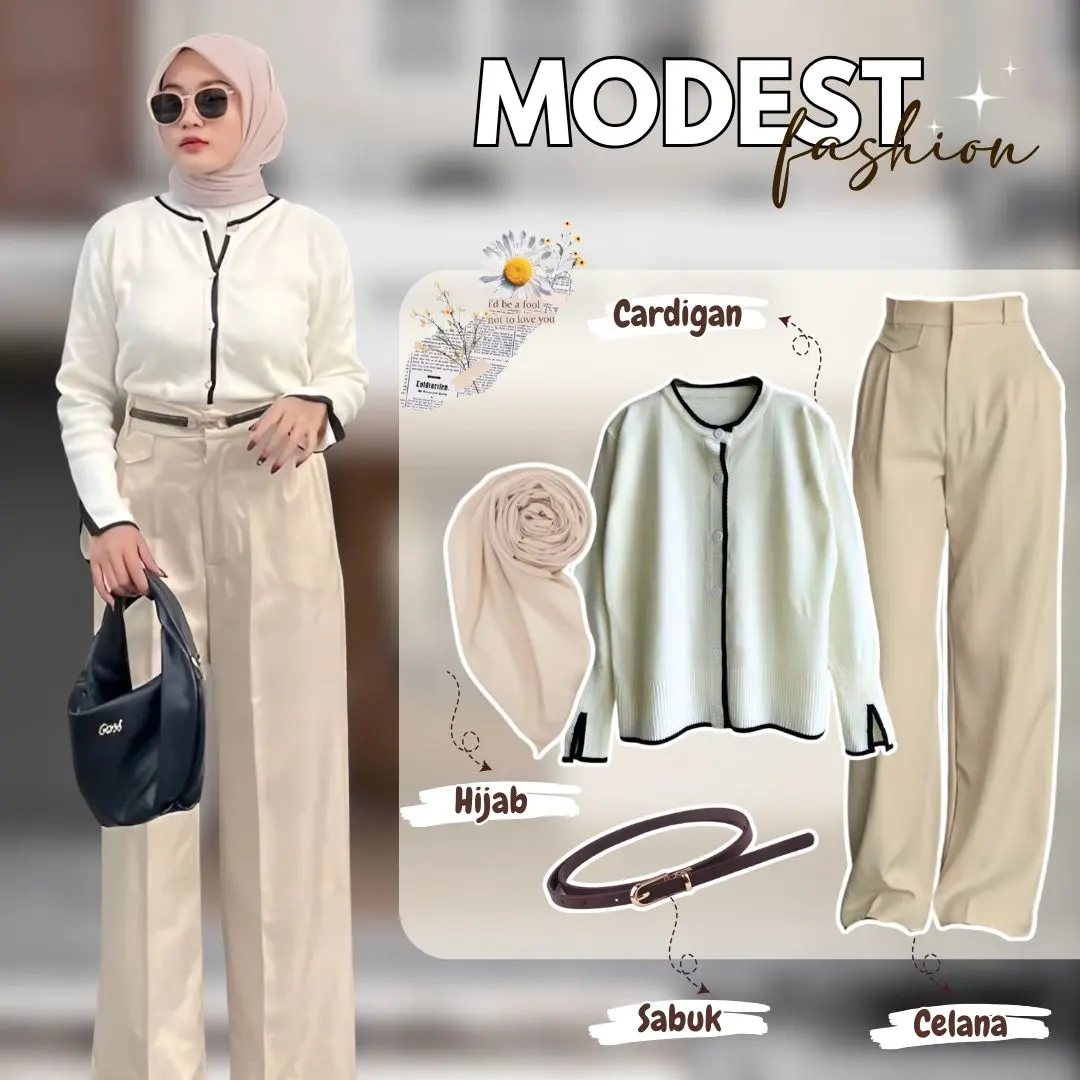 One Set Cewek OOTD ( Cardigan Rajut + Oro Pants + Hijab + Belt ) 4 in 1 Outfit Wanita Kekinian LQ013