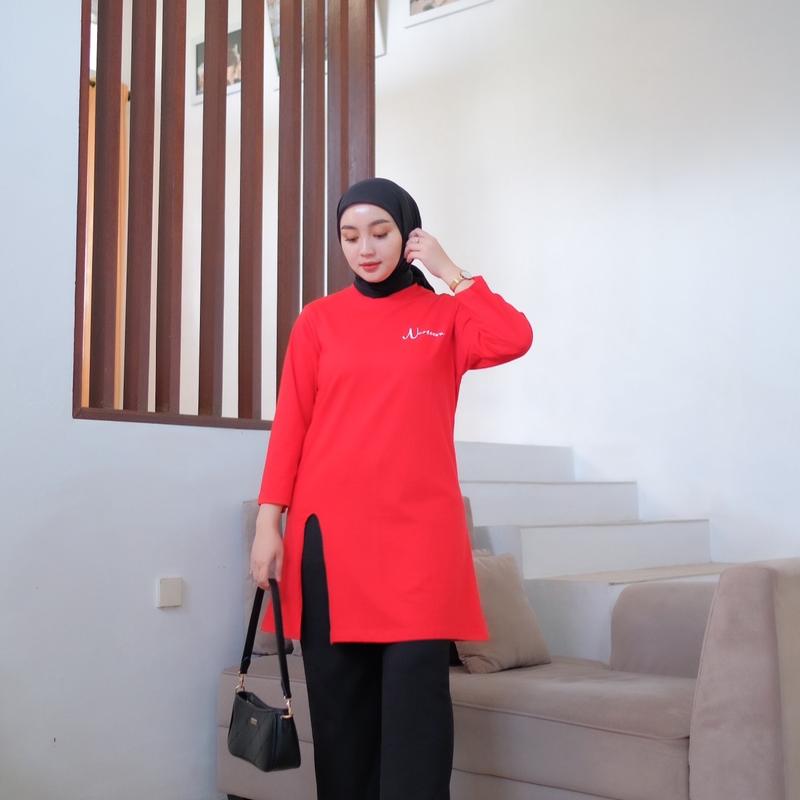 BBC // Terbaru Tunik belah depan Tunik Kaos wanita tangan 7/8 bahan combad 20s Terbaru Muslim Panjang Combed Nyaman Atasan Santai 1