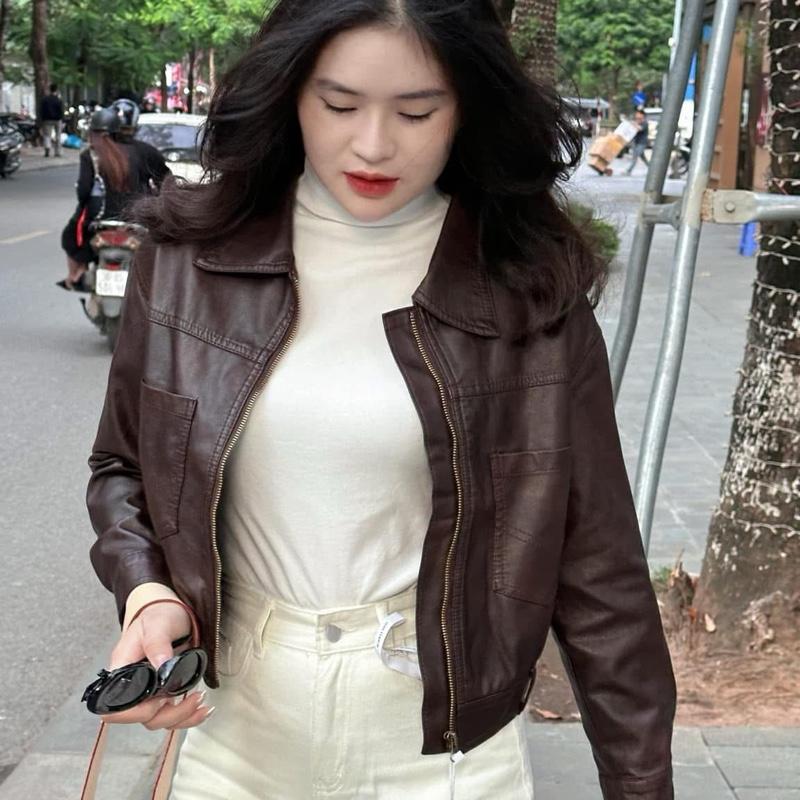  Áo Da Nữ Quảng Châu Cao Cấp Màu Đen Nâu Đỏ Dáng Ngắn 8865 