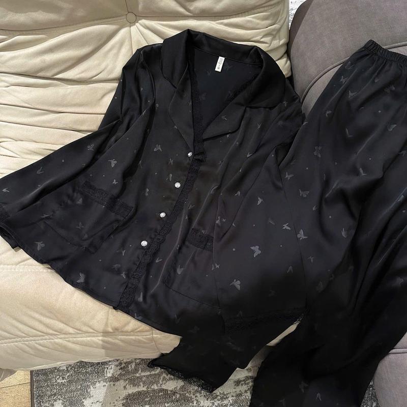 N426- Pijama dài tay lụa vân gấm hồ điệp phối viền ren đen cho nữ- Bộ ngủ mặc nhà hàng quảng châu cao cấp