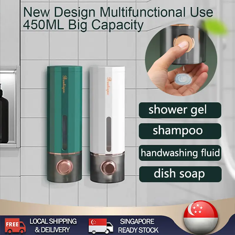 SG [READY STORK] Soap Dispenser Wall-Mounted for Home Bathroom and Shower Gel Box, No Drilling and Easy to Install, 450ml Capacity with Preview Window