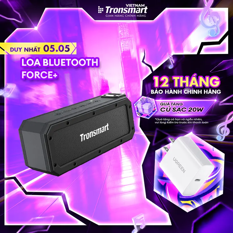 Loa Bluetooth Không Dây Tronsmart Element Force+ Công suất 40W Chuẩn kháng nước IPX7 Thời gian nghe nhạc lên đến 15 giờ (30% âm lượng)| Bảo hành chính hãng 12 tháng | TM-322485 Củ Loa