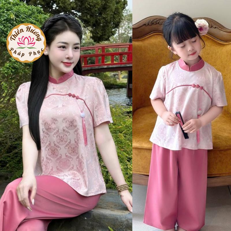 SET MẸ VÀ BÉ Pháp phục cho mẹ và bé đi chùa cổ tàu lụa gấm vân thọ kèm charm Bộ đi chùa cho mẹ bé gái cộc tay mềm mát đi lễ chụp ảnh