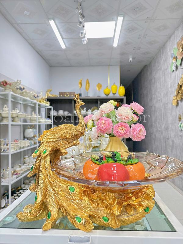 Đĩa Đựng Hoa Quả Chim Công Cao Cấp Khảm Vàng. Đĩa dựng hoa quả con công cao cấp