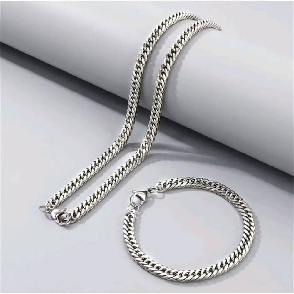READY SATU SET KALUNG DAN GELANG TITANIUM MODEL RANTAI RAPAT MACHO SILVER 5MM KEREN ELEGAN STYLISH