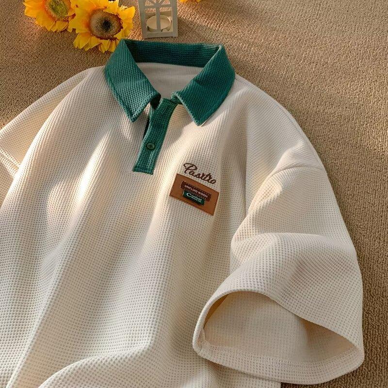 Áo Polo Có Ve Áo Tương Phản, Màu Đỏ Đậm, Nặng 230G, Áo Thun ngắn Tay Dáng Rộng Vải Bánh Quế, Tay Lửng Thích Hợp Cho Nam Và Nữ, Lý Tưởng Cho Mùa Hè Menswear 2