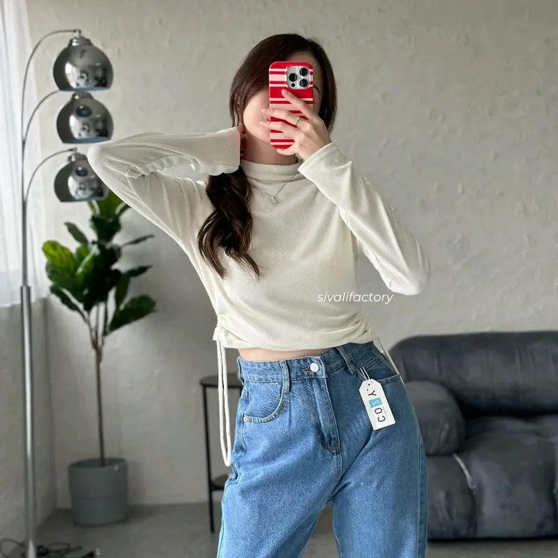 Nicole Top- Atasan Knit Wanita Lengan Panjang Inner Rajut Turtleneck Korea - Crop Top Tali Serut 4