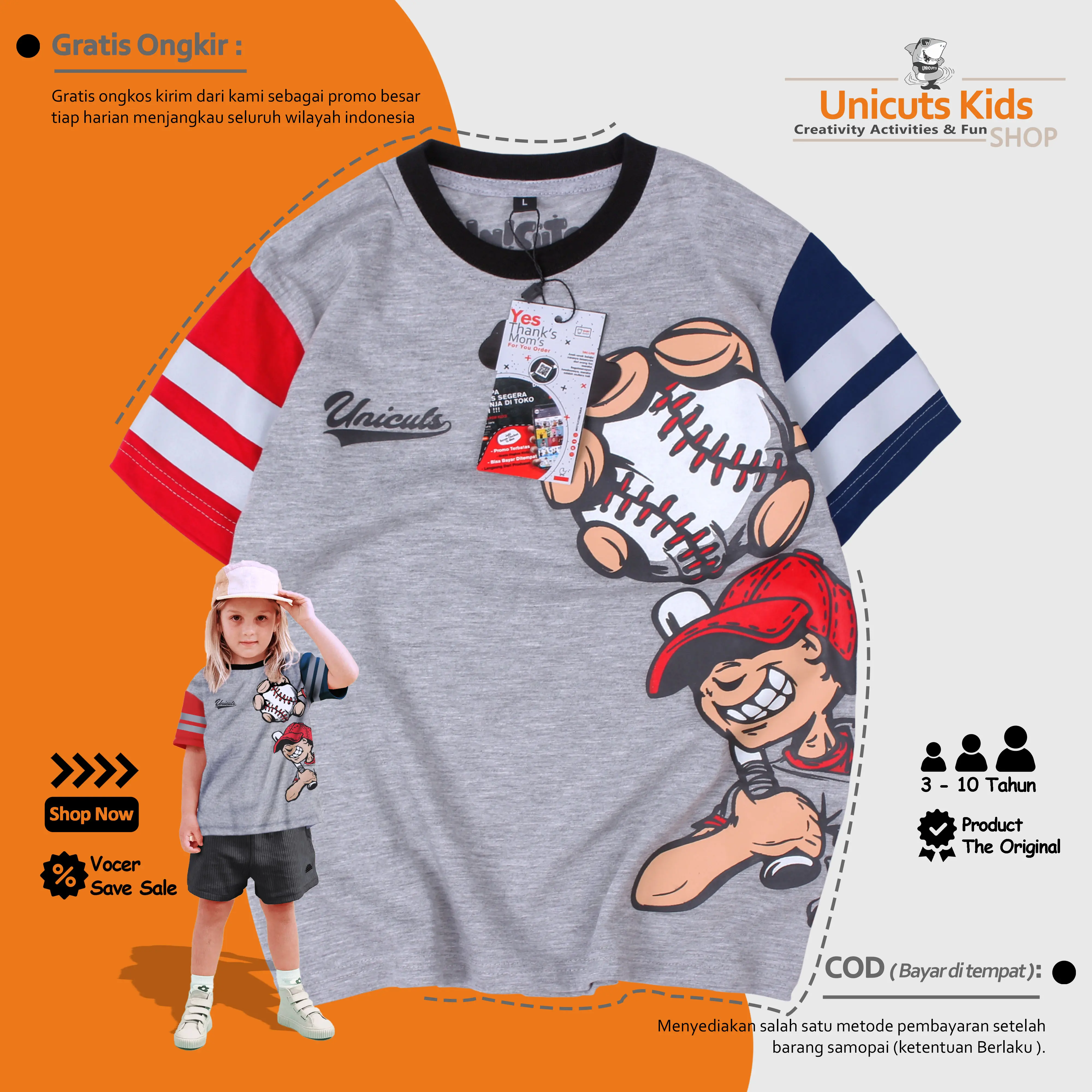 Kaos Anak BaseBall /  Baju Anak Laki Laki Abu Misty / Pakaian Anak Perempuan Grey / Kaos Anak Anak Unicuts 3 Sampai 10 Tahun Fashion