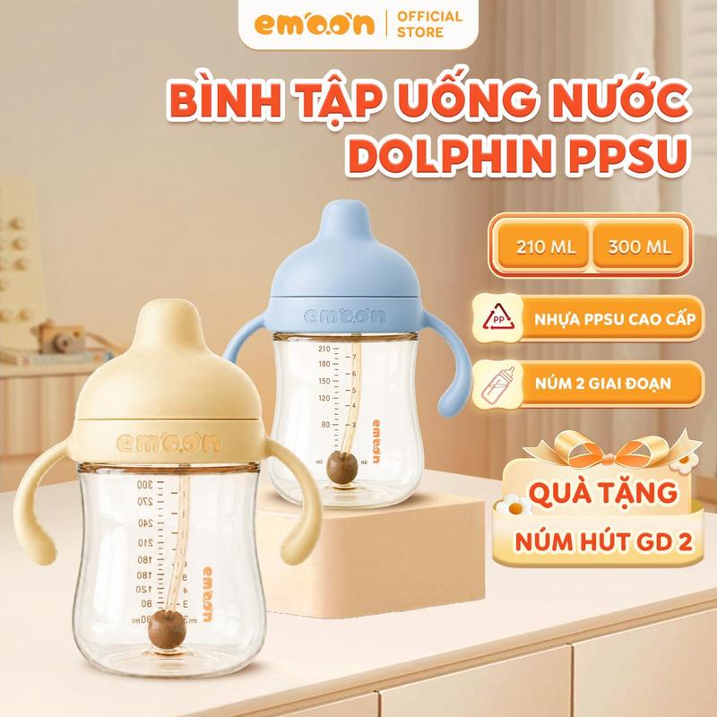 [BÌNH PPSU CAO CẤP] Bình tập hút nước Dolphin Emoon chất liệu PPSU với thiết kế chuẩn y khoa bảo vệ răng miệng, hỗ trợ tập hút  cho bé từ 6 tháng