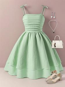 Vestido de tirantes delgados para niñas, lindo, dulce y elegante con dobladillo multicapa, tela tejida de verano, estilo ajustado, perfecto para uso diario y fiestas