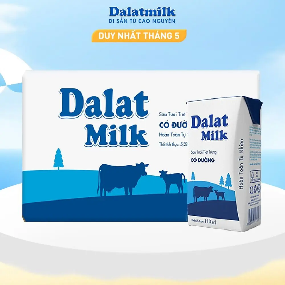 Thùng 48 hộp sữa tươi tiệt trùng Dalatmilk có đường 110 ml (110 ml x 48)