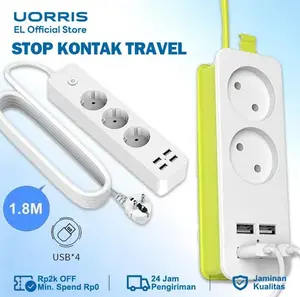 UORRIS Portable Stop Kontak Traveling 3 Lubang Saklar + 4 Port USB Kabel 1,5 Meter Colokan Pvc