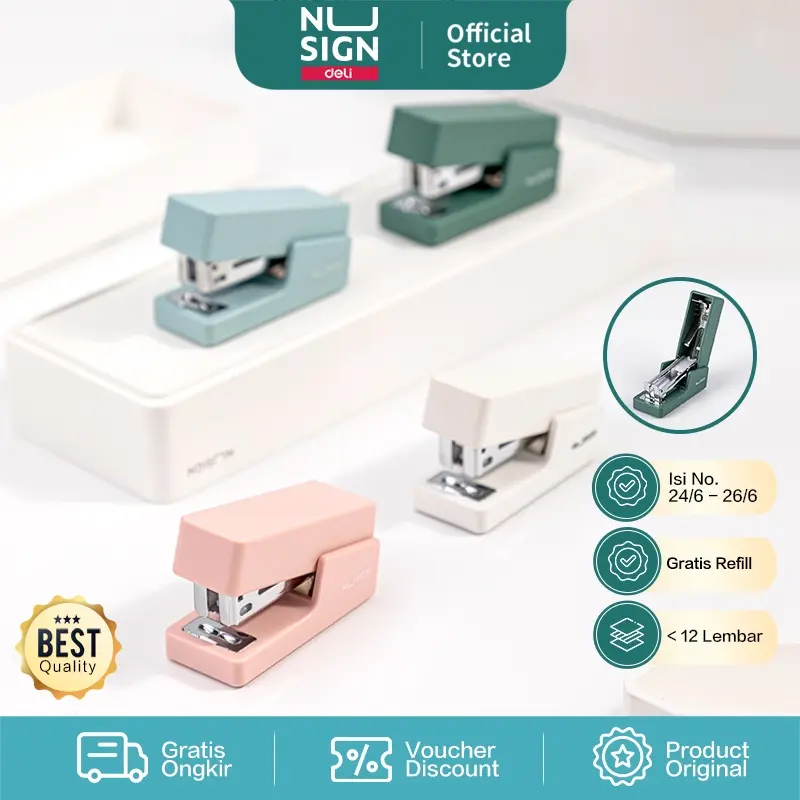Nusign Stapler / Stapler Mini Kapasitas Kertas 12 lembar 4 Warna Free Refill NS083-X 0
