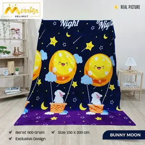 Monalisa Selimut Karakter Premium Bulu Halus Lembut Ukuran Dewasa 150x200cm 500 gram Waffle Yellow Star Hadiah Kado Unik Motif Bunny Moon