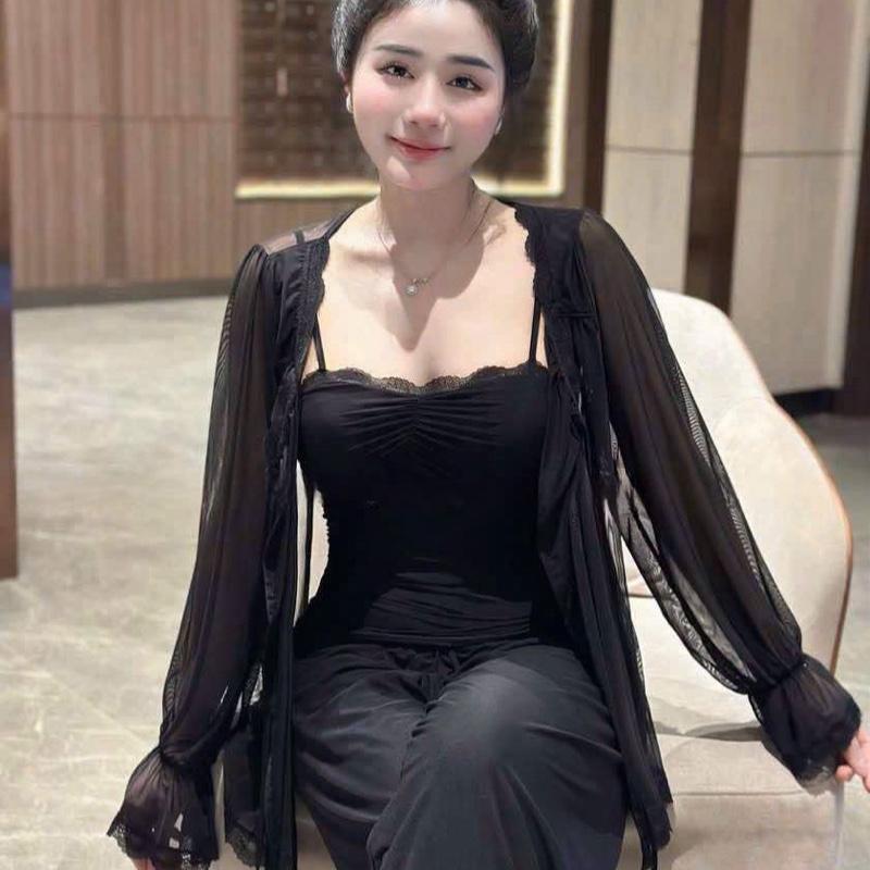 Set 3 món mặc nhà nữ chất thun lưới áo khoác dài tay kèm áo dây 2 lớp , quần dài mịn mát hàng cao cấp[mã #01]