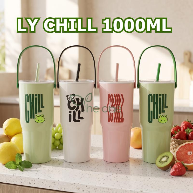 Ly Chill 1000ml cách nhiệt 2 lớp kèm ống hút, giữ lạnh 1-3 giờ có kèm quai xách tiện dụng