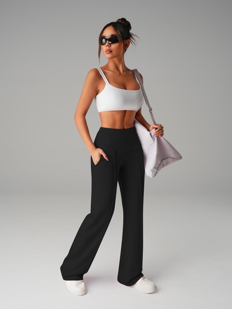 Women's Mid-Waist Elastic Wide Leg Pants, Casual Sporty Style, Comfortable Side Pockets, Multi-Functional Fall Winter Wear Women's Mid-Waist Elastic Wide Leg Pants, Casual Sporty Style, Comfortable Side Pockets, Multi-Functional Fall Winter Wear