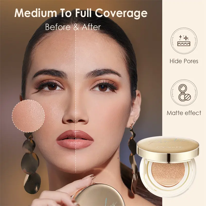 Kem BB Nhẹ Không Lỗ Chân Lông Đệm Khí, FOCALLURE, 4 Màu Có Sẵn, Không Thấm Nước, Lâu Trôi, Làm Sáng Khuôn Mặt, Kem Che Khuyết Điểm, Kem Kem Nền Lì Mỹ Phẩm Kèm Bông Phấn Nữ Trang Điểm Cosmetic Women 7