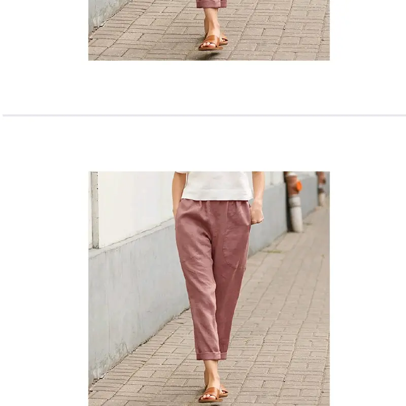celana 7/8 santai bahan katun linen impor,pinggang karet celanakulot Coklat Kaki Coklat Kaki baju  harian Abu Putih Wanita Hitam Biru 1