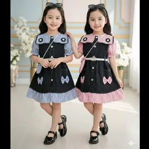 Nayla Dress Jeans Mix Salur Variasi Pita Kupu kupu + Free Belt Cantik Ukuran 1-10 Tahun - Dress Anak Perempuan Cantik Lengan Pendek Terbaru 2025