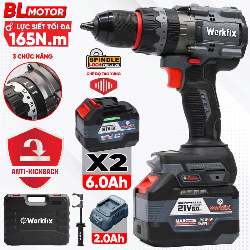   Có Tạo Xung - Chống Lật Cổ Tay  Workfix Máy Khoan 3 Chức Năng 165N.m WF-ID165PRO Đầu Kẹp 13mm Auto Lock Anti Kickback Eco-Tubo Brushless Motor 2 Pin 15 Cell PLUS Tay Cầm Trợ Lực Bảo Hành 6 Tháng 
