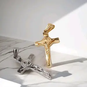 Liontin salib Katolik Benedictus Silver Gold Stainless