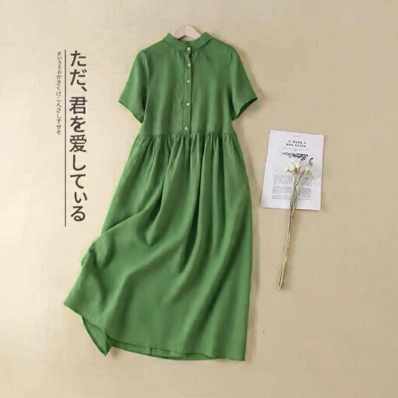  KT Fashion Đầm Baby Doll Linen Nữ Nhúng Eo Cổ Sơ Mi Big Size Thông Thường Nhung Women Voi Dress Hồng Trắng Chất Liệu Cao Cấp Thoải Mái Mát Mẻ 