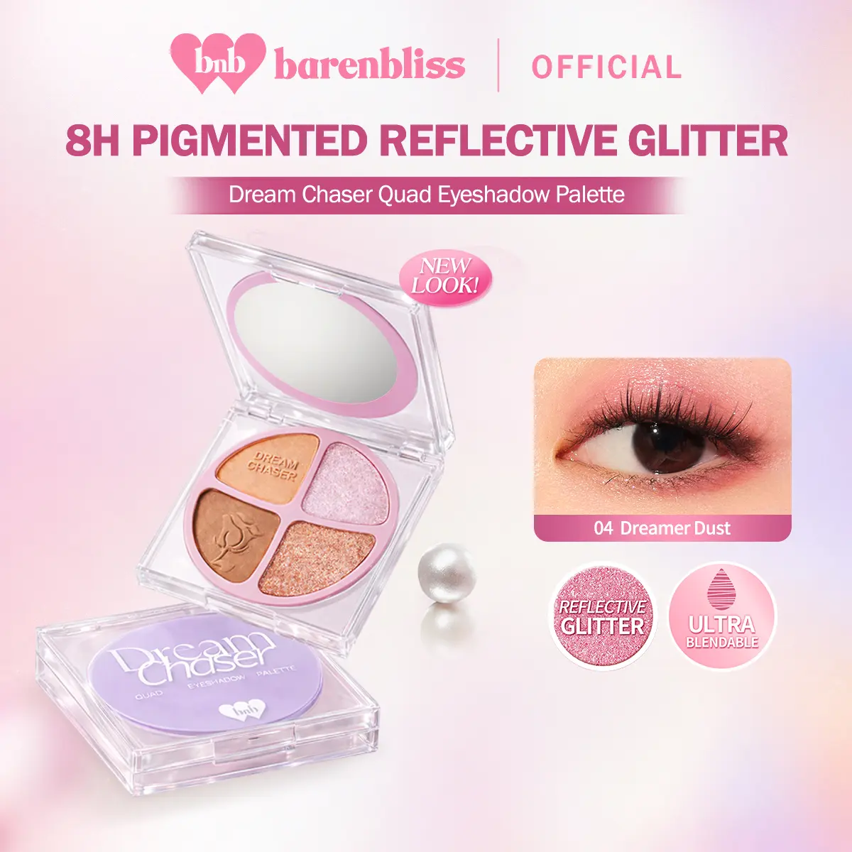 [MUST HAVE] BNB barenbliss Dream Chaser Quad Eyeshadow Palette - High Pigmented 4 Warna | Palet Eyeshadow Matte & Glitter, Tahan Air & Keringat, Tahan 8 Jam, Hasil Natural untuk Pemula