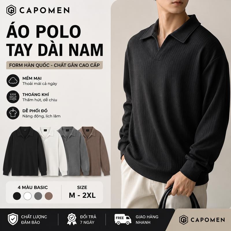 Áo polo thun gân dài tay cổ V form rộng unisex, vải co giãn thoải mái, dễ phối đồ đi học đi chơi