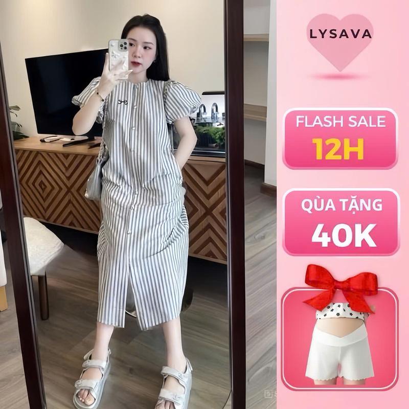 Váy bầu dáng suông kẻ sọc Lysava chất lụa thoáng mát tay bồng che khuyết điểm có nút tiện lợi cho mẹ bầu mặc nhà đi chơi chụp ảnh V284