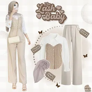Outfit Hijab Korea Style ( Rona Blouse+Celana Knit+Hijab ) Ootd Kerja Wanita feminim Kekinian -AR123