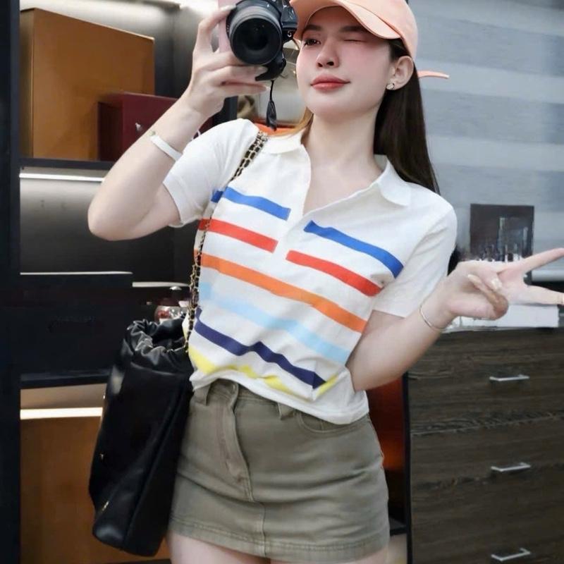 [Bigsize 60 - 90kg] Áo Thun Nữ Cổ Bẻ In Sọc Fom Babytee, Chất Thun Borip