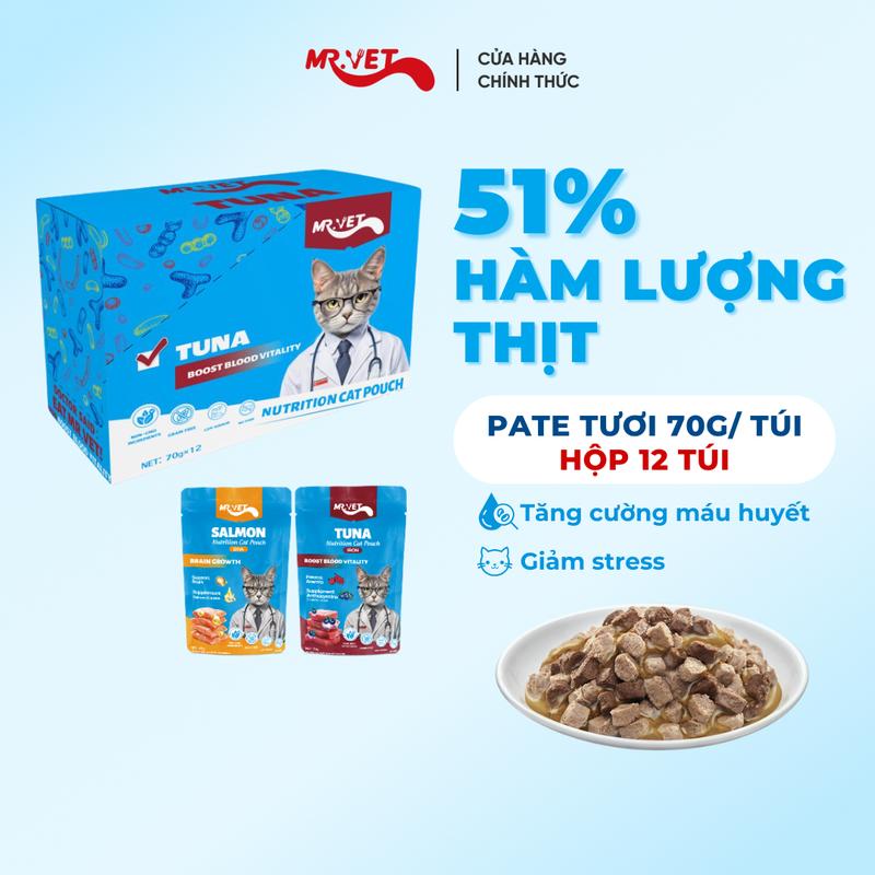 Hộp 12 Túi Pate cho mèo Mr.Vet thức ăn ướt vị Cá hồi và Cá ngừ bổ sung Sắt, Omega 3, Vitamin hỗ trợ hệ thần kinh khỏe mạnh, tăng cường sức khỏe mắt và tim mạch, tăng đề kháng toàn diện