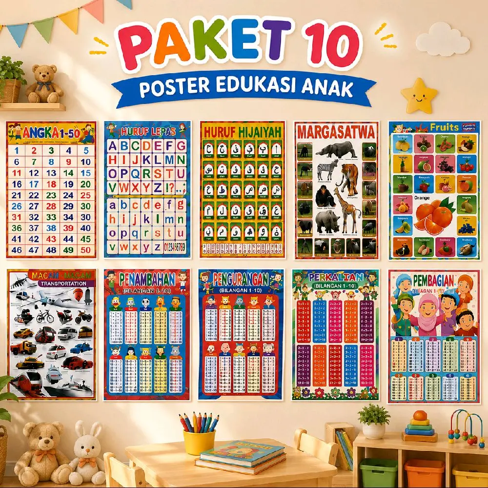 Paket 10 Lembar Poster Edukasi Anak Huruf Angka Hijaiyah Penjumlahan Hewan Buah Transportasi untuk Belajar Interaktif