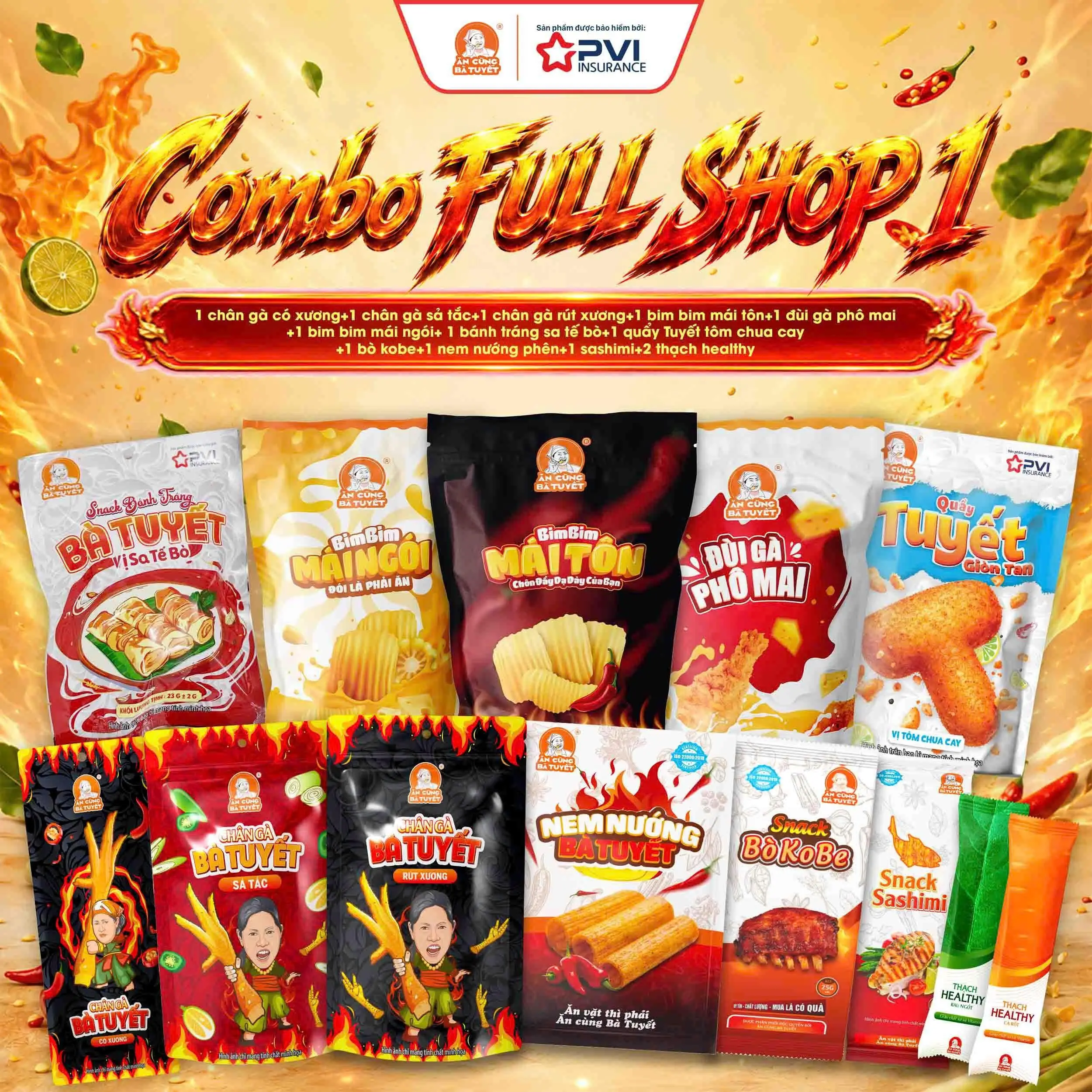 (KOL) (Tặng 1 gói bim bim tăm cay) Combo FULL SHOP Ăn Cùng Bà Tuyết gồm 17 sản phẩm snack bim bim snack ướt - ĂN CÙNG BÀ TUYẾT M16