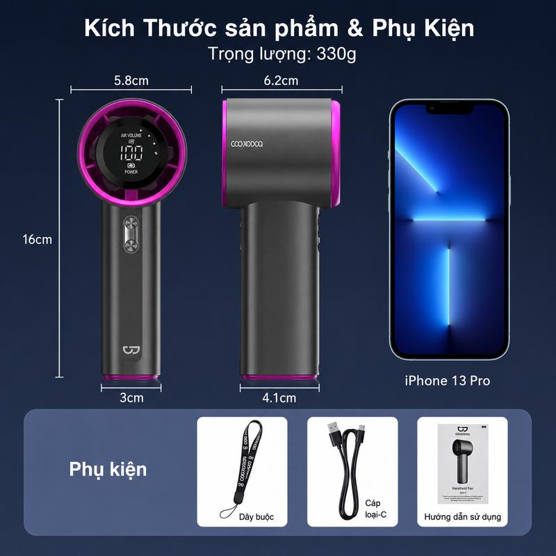 Quạt cầm tay mini S001 tích điện gió mạnh 16000 vòng/phút có dây đeo pin…