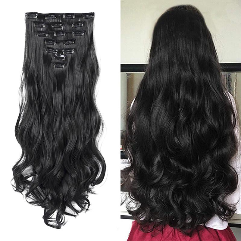Bộ Tóc Nối Sợi Hóa Học Sợi Đen 7 Món Kẹp Tóc Tóc Xoăn Dài Tóc Lụa Chịu Nhiệt Độ Cao 16 Thẻ Mảnh Tóc Giả