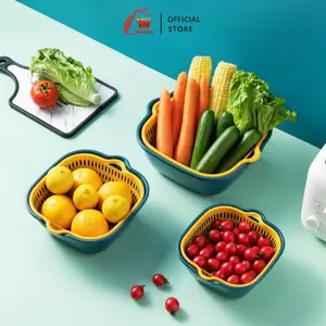 YAWANG Smart Drain Bowl Set Saringan & Wadah Cuci Buah Sayur 6-in-1 Multifungsi Gagang Anti Slip & Ergonomis PP Food Grade