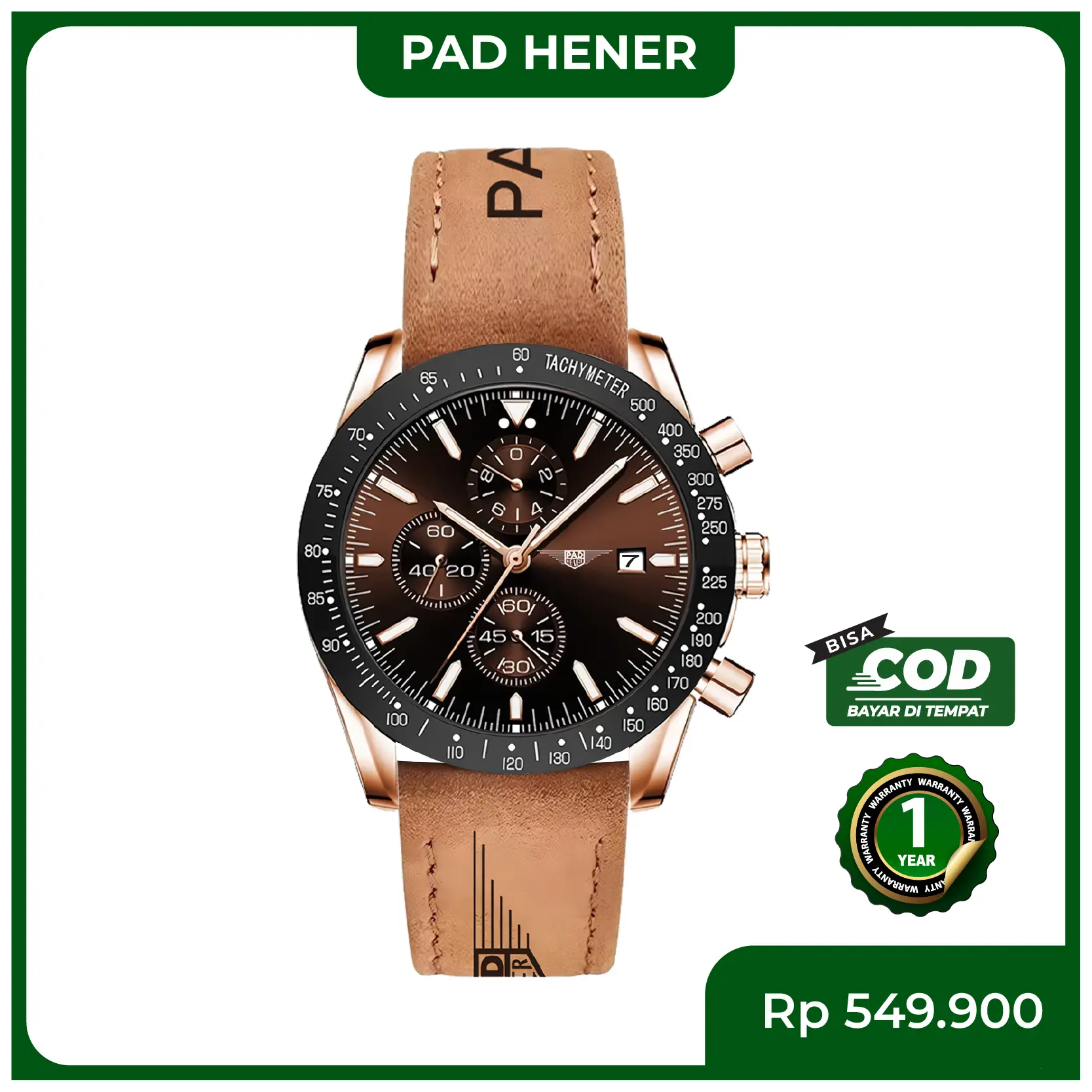PADHENER APOLLO Jam Tangan Unisex Original Water Resistant Kulit Keren Coklat Luxury Chronograph Quartz Calendar Klasik Luminuous Glow Jam Tangan Cowok Multifungsi COD + Kotak Eksklusif Watches