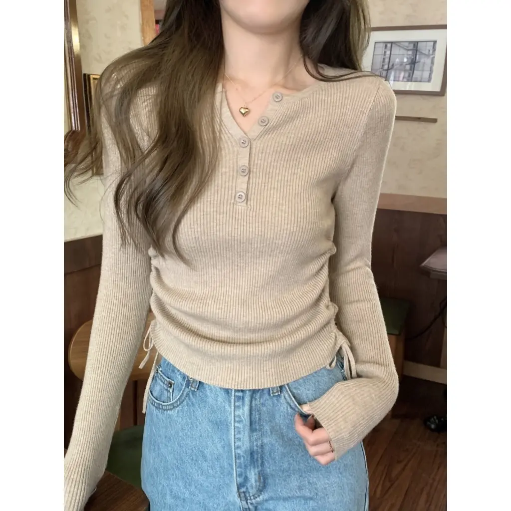 Atasan Kaos Vneck Wanita Blouse Button Knit Blouse Serut Kanan Kiri Top Blouse Serut Wanita Premium