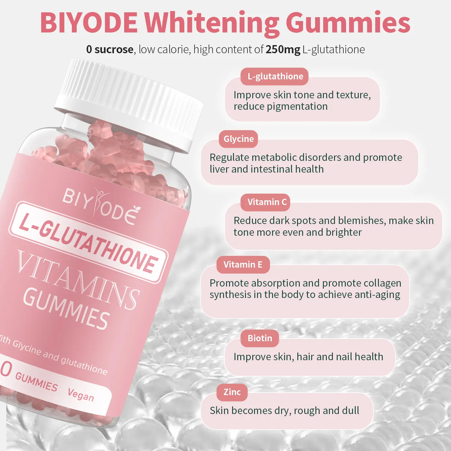 BIYODE L-Glutathione Gummies 60 Count skin whitening gummy Supplements  Vegetar Biotin & L-glutathione |