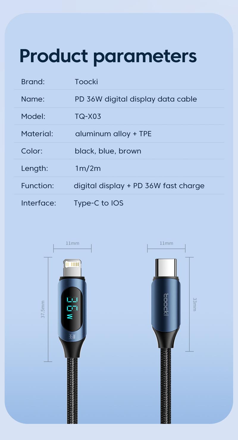 Product Introduction of สายชาร์จเร็ว C-C PD, Toocki, 100W, 6A, สายดาต้า USB Type C, ชาร์จเร็ว 4.0, จอแสดงผลดิจิตอล LED, สาย USB-L, สายถักไนลอน, เหมาะสำหรับ Type C-L และ USB-L 33