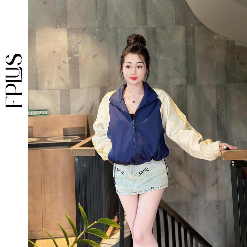 Áo khoác gió nữ form lửng FR99.1 chất dù dày dặn phối kẻ sọc năng động, cá tính