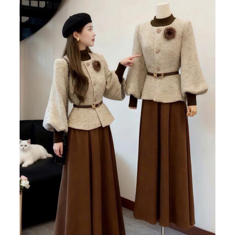 Sẵn Kho - Tặng Đai- Tặng Hoa Set Áo Dạ Kem Tiêu Bí Bồng Phối Chân Váy Xoè Thô Đũi Sang Chảnh 2 Màu Tôn Dáng by Hp
