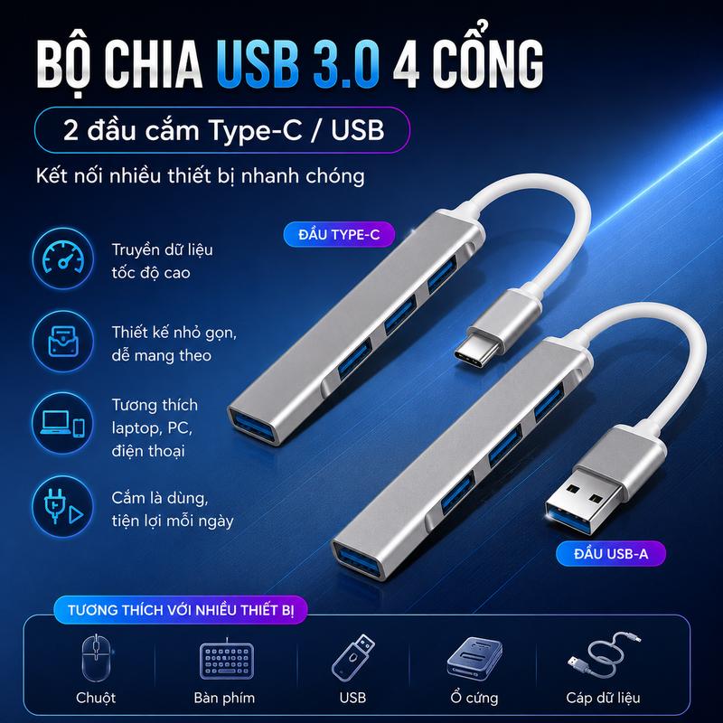 Bộ mở rộng Type-C, đa cổng, bên ngoài máy tính xách tay, một kéo bốn giao diện USB, hub giao diện USB 3.0, với cáp, Thích hợp cho chuột và bàn phím, Giao diện máy tính là sự lựa chọn đầu tiên không đủ