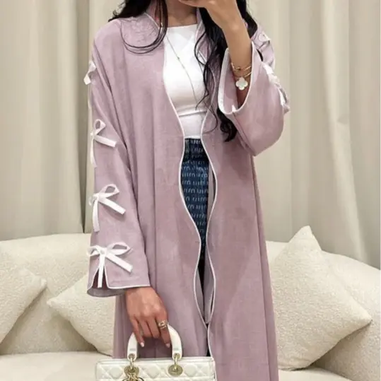 LM083 Coquette Abaya Ribbon Bows Wave Designs Linen-like Summer 2025 Eid Cute