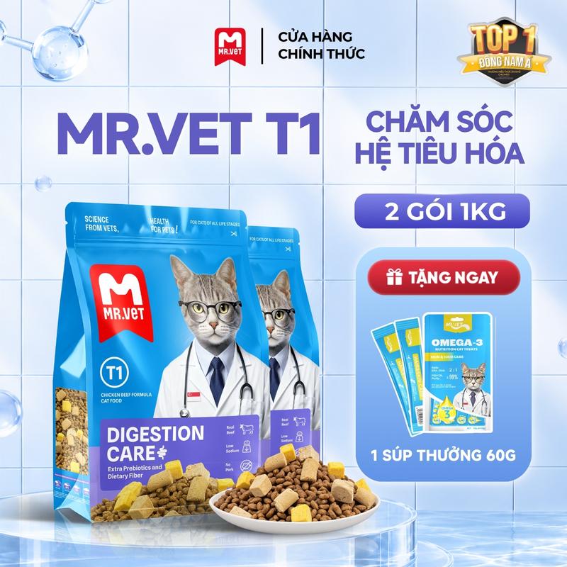 2 Túi Hạt Holistic Mr.Vet Thế hệ T1 Túi 1kg thức ăn cho mèo con, mèo trưởng thành với 30% protein có topping thịt và xương tươi, gan gà và lòng dỏ trứng sấy khô