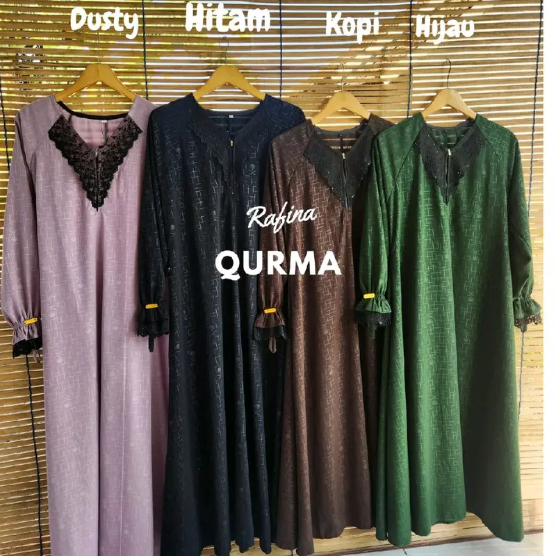 abaya embos motif daun Gamis Wanita Wolfis Muslim Renda Tangan 0