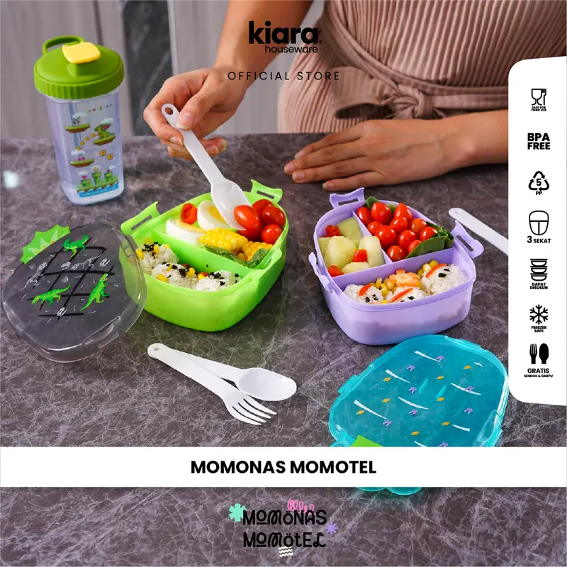 Kiara Lunch Box Momotel & Momonas Kotak Makan Kotak Bekal Anak Sekolah Karakter Lucu Gratis Sendok Garpu 100% BPA Free dan Food Grade Plastik Nanas 1